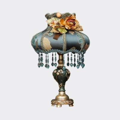 Dark Blue 1-Light Table Lamp Pastoral Style Floral Fabric Vase Shade Nightstand Light with Drape and Rose Decor