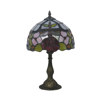 Domed Night Light 1 Bulb Cut Glass Mediterranean Table Lighting in Bronze with Dragonfly and Rose Pattern