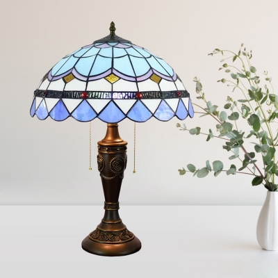 Domed Night Table Lamp Victorian Cut Glass 2-Light Beige/Blue and White Pull Chain Nightstand Light for Bedroom
