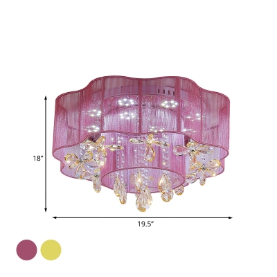 Flower Crystal Flushmount Light Contemporary Gold/Pink LED Flush Mounted Lamp with Sheer Shade