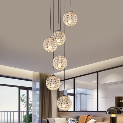 Globe Crystal Cluster Pendant Modernism 3/5/6-Light Dining Room Hanging Light in Gold