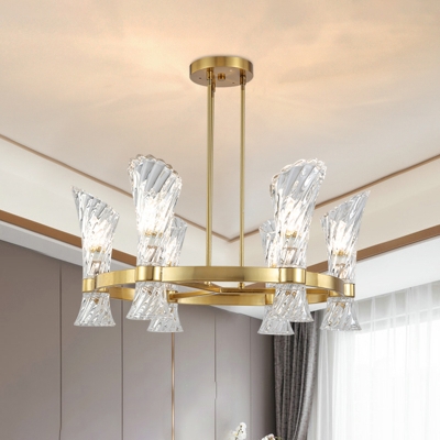 Horn Shaped Restaurant Ceiling Chandelier Contemporary Ribbed Crystal 6-Head Gold Pendant Light