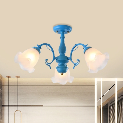 Ivory Glass Curving Ceiling Light Pastoral 3/5 Bulbs Dining Room Semi Flush Mount in Grey/Blue/Green