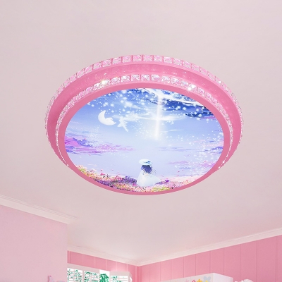 Kids Circular Flush Light Acrylic LED Bedroom Flush Mount in Pink with Sky Pattern and Crystal Accent