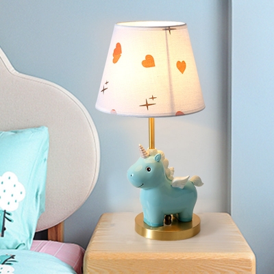 Kids Deer/Unicorn Table Light Resin 1-Bulb Bedroom Night Lamp in Pink/Blue with Tapered Fabric Shade