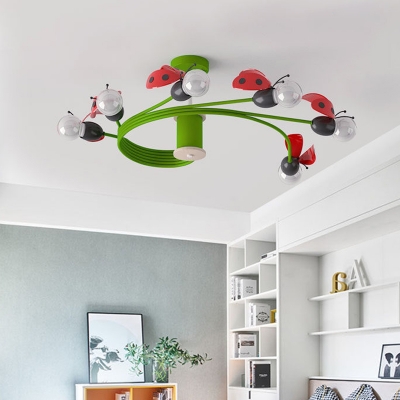 Ladybug Shape Semi-Flush Ceiling Light Kids Metal 6 Bulbs Green Flush Mount Fixture with Spiral Arm