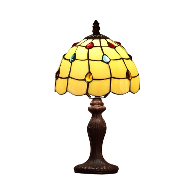 Lattice Bowl Night Light Mediterranean Beige Glass 1-Bulb Dark Brown Table Lighting with Jeweled Pattern