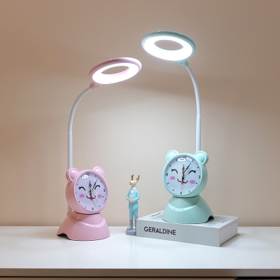 LED Bedroom Study Lamp Kids White/Pink/Blue Night Table Light with Oval Plastic Shade and Clock