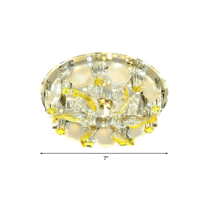 LED Round Flush Mount Light Modern Yellow K9 Crystal Flushmount Lighting with Carp Decor, 7