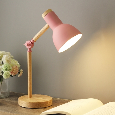Macaron Bowl Shade Desk Lamp Iron 1 Bulb Study Room Reading Book Light in Black/White/Pink with Adjustable Wood Arm