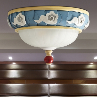 Macaron Cloud-Edge Bowl Flush Light Opaline Glass 3 Heads Bedroom Ceiling Mount Lamp in Blue
