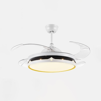 Minimalist Circle Semi Flushmount Metallic Living Room LED 4-Blade Pendant Fan Light in White and Black, 19