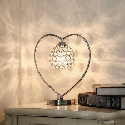 Modernism Globe Table Light 1-Bulb Crystal Nightstand Lighting in Silver with Heart Metal Arm