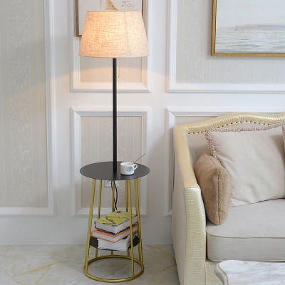 Modernist Tapered Fabric Floor Lamp 1 Head Floor Standing Light with Storage Shelf and Open Cage Base in Black-Gold