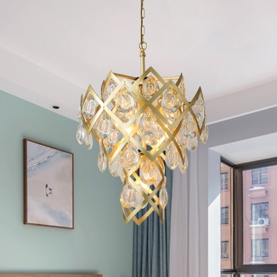 Multi Layered Crystal Chandelier Luxury 4-Light Living Room Pendant Ceiling Light in Gold