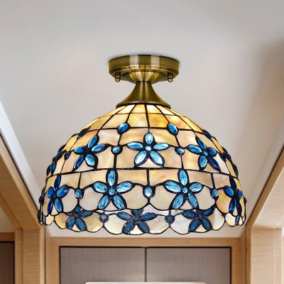 Natural Shell Brass Ceiling Fixture Flower Bowl 1-Light Mediterranean Flush Mounted Light, 5