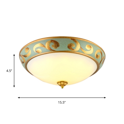 Pastoral Bowl Shade Flush Mount Lighting 3 Bulbs Milky Glass Ceiling Light Fixture in Gold with Cloud Pattern