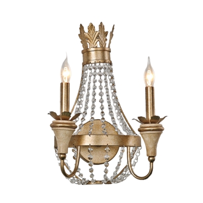 Pear Shaped Crystal Beaded Sconce Countryside 2 Heads Corner Wall Lighting Ideas with Candle Design in Gold
