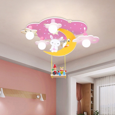 Pink/Blue Starry Sky Semi Flush Mount Cartoon 5 Bulbs Wood Close to Ceiling Lighting with Rabbit Deco
