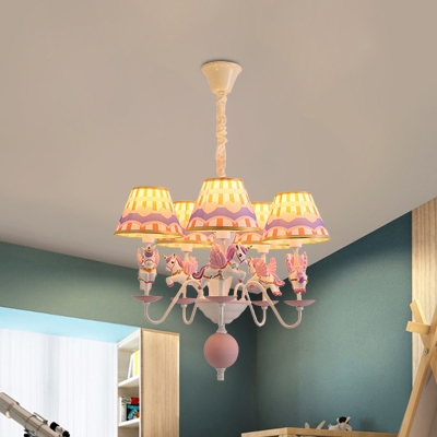 Pink/Blue Unicorn Hanging Light Kit Cartoon 5 Bulbs Resin Chandelier Lamp with Striped Fabric Shade