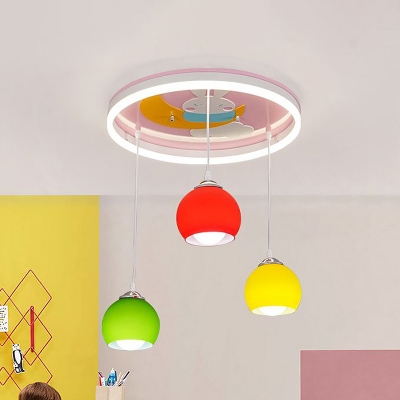 Pink Dome Semi Flush Mount Kids 3 Bulbs Colorful Glass Flush Light with Moon and Rabbit Pattern