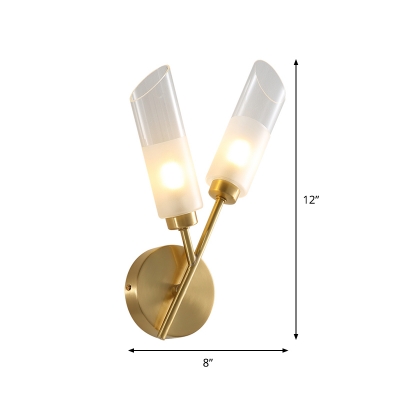 Postmodern 2-Head Wall Light Kit Brass Angle-Cut Tube Sconce Lighting with Clear Glass Shade