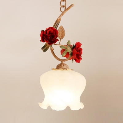 Red Blossom Pendant Light Fixture Pastoral Cream Glass 1 Light Dining Room Hanging Lamp