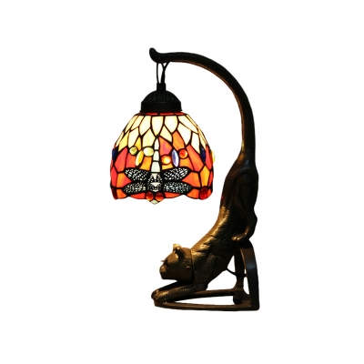 Red/Green Cut Glass Dragonfly Night Light Tiffany Single Bronze Finish Table Lighting with Cat Stretching Pedestal