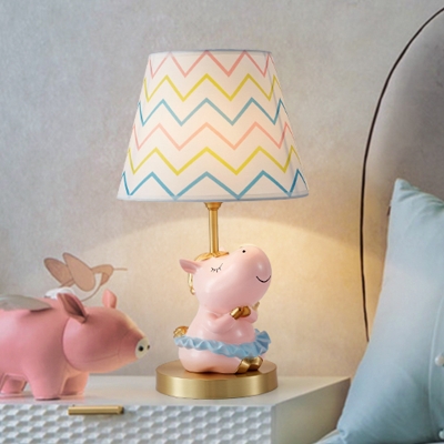 Resin Horse Nightstand Lamp Cartoon Single Bulb Pink Night Light with Cone Fabric Shade