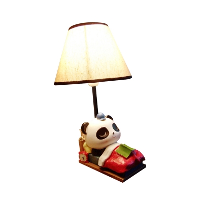 Resin Panda Nightstand Light Cartoon 1 Bulb Black and White Table Lamp with Cone Fabric Shade