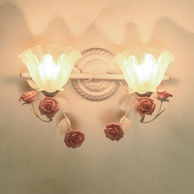 Scalloped Bathroom Wall Light Korean Flower Milk Glass 2/3 Heads Pink/Blue Wall Mount Lighting