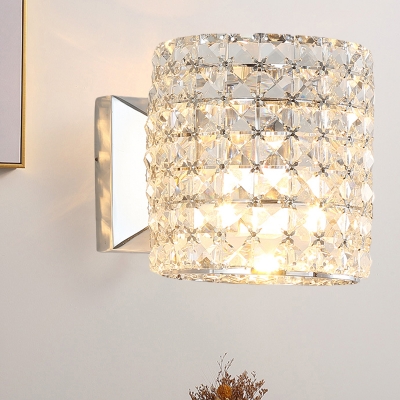 Short Cylinder Bedside Wall Light Modern Trellis Crystal 1-Light Clear Sconce Light Fixture