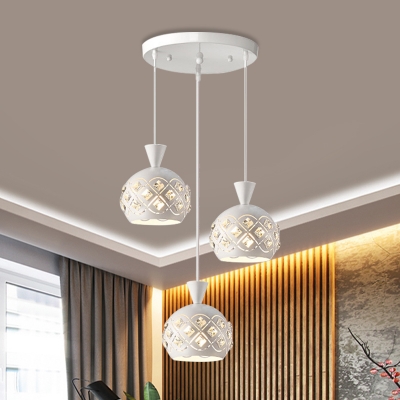 Simplicity Dome Shade Metal Cluster Pendant 3 Lights Crystal Hanging Light Kit in White