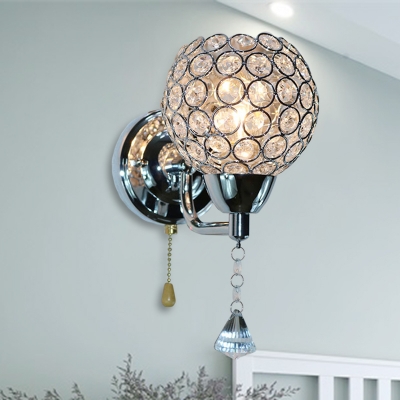 Single Ball Pull-Chain Wall Lamp Simplicity Chrome Cut Crystal Wall Mounted Fixture