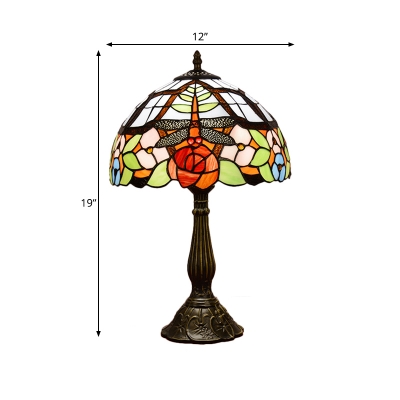 Stained Glass Beige/Pink Night Table Light Dome Shaped 1 Light Mediterranean Nightstand Lamp with Dragonfly and Petal Pattern