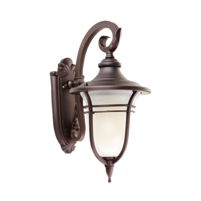 Swirl Arm Metal Wall Sconce Lighting Country 1 Light Outdoor Wall Lamp in Coffee with Urn Frosted Glass Shade