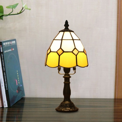Tiffany Grid Dome Nightstand Light 1-Light Beige/Yellow/Orange Cut Glass Table Lighting with Resin Lotus Base