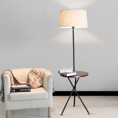 Tri-Leg Metallic Floor Light Modern Functional 1 Bulb Black Stand Up Lamp with Table and Flaxen Drum Fabric Shade