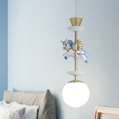 Unicorn Resin Pendant Lighting Kids 1 Light Pink/Blue Ceiling Suspension Lamp with Bottom Ball Milk Glass Shade