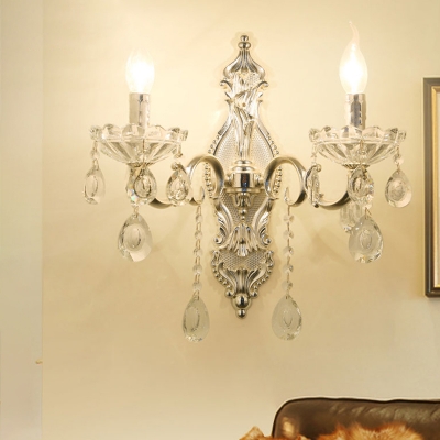 Vintage Candle Wall Lamp 2 Lights Crystal Wall Lighting in Silver with Metal Scrolled Arm