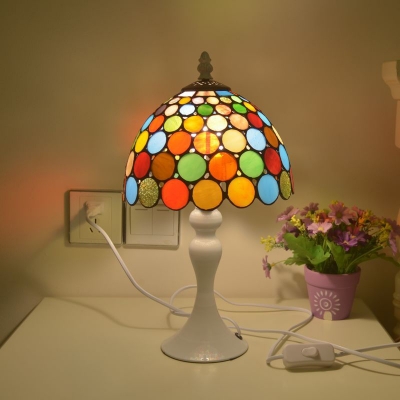 White 1 Light Night Lamp Mediterranean Stained Art Glass Bowl Shade Dotted Patterned Table Lighting