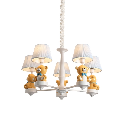 White Conical Chandelier Lighting Cartoon 3/5-Head Fabric Suspension Light with Bear Decor