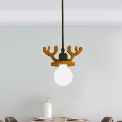 Wood Antler Drop Pendant Nordic Single Black and Brown Hanging Light Fixture with/without Shade