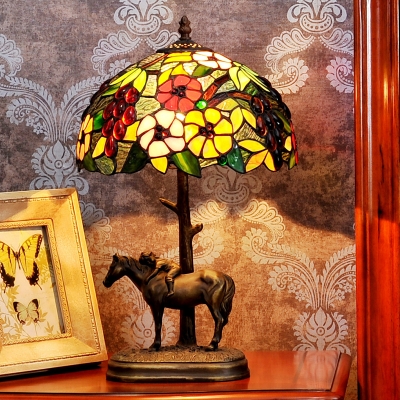 1-Bulb Domed Nightstand Lamp Mediterranean Coffee Stained Glass Night Lighting with Horse and Kid Deco