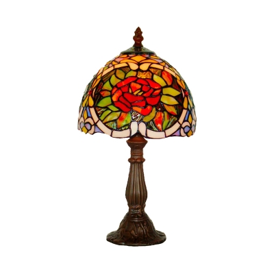 1-Bulb Table Light Tiffany Dome Shade Stained Art Glass Floral Patterned Night Lamp in Bronze
