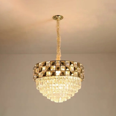 14-Light Tiered Chandelier Modern Stylish Gold Crystal Hanging Lamp with Gridded Edge