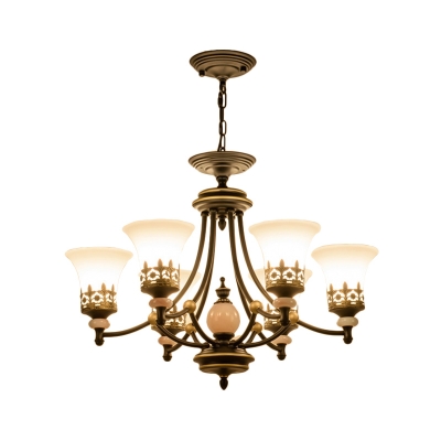 3/6-Head Chandelier Lamp Rustic Bedroom Hanging Light Fixture with Bell White Glass Shade