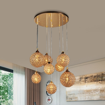 3/8-Head Ball Cluster Pendant Light Modern Gold Crystal Encrusted Hanging Lamp for Bedroom