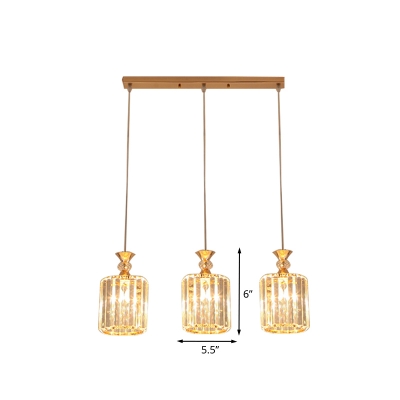 3-Bulb Crystal Multi Light Pendant Minimalism Gold Cylindrical Dining Room Suspension Lamp