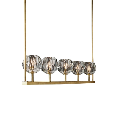 5-Head Faceted Cut Crystal Ball Pendant Postmodern Brass Linear Dining Table Island Lamp